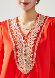 Classy Red V Neck Patchwork Draping Chiffon Tops Spring