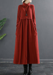 Classy Red Wrinkled Patchwork Thick Cotton Knit Long Dress Winter