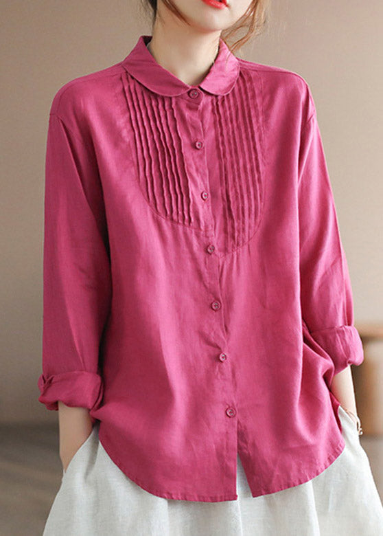 Classy Rose Peter Pan Collar Patchwork Wrinkled Button Linen Shirt Long Sleeve