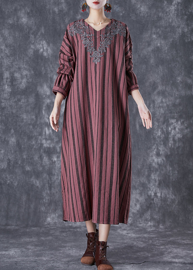 Classy Rust Red Embroideried Striped Linen Vacation Dresses Fall