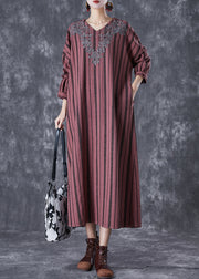 Classy Rust Red Embroideried Striped Linen Vacation Dresses Fall