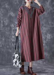 Classy Rust Red Embroideried Striped Linen Vacation Dresses Fall