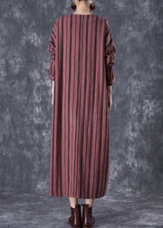 Classy Rust Red Embroideried Striped Linen Vacation Dresses Fall