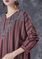 Classy Rust Red Embroideried Striped Linen Vacation Dresses Fall