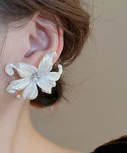 Classy White Acrylic Zircon Floral Stud Earrings