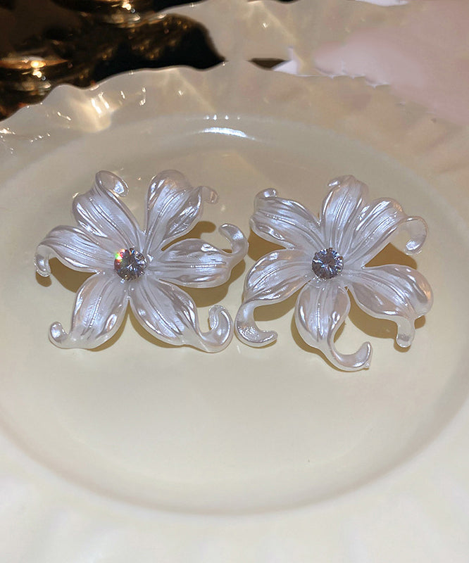 Classy White Acrylic Zircon Floral Stud Earrings