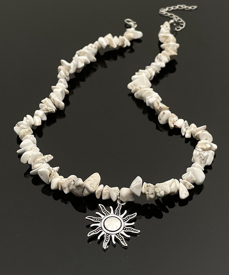 Classy White Alloy Natural Stone Sun Lariat Necklace