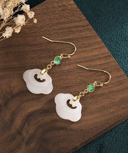 Classy White Ancient Gold Inlaid Gem Stone Jade Drop Earrings