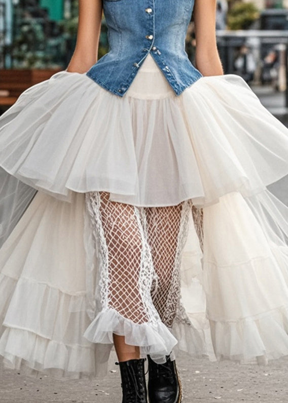 Classy White Asymmetrical Patchwork Ruffled Tulle Beach Skirt Spring