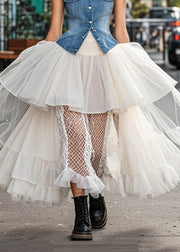 Classy White Asymmetrical Patchwork Ruffled Tulle Beach Skirt Spring