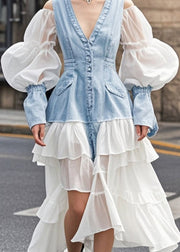 Classy White Cold Shoulder Patchwork Denim Holiday Dress Puff Sleeve