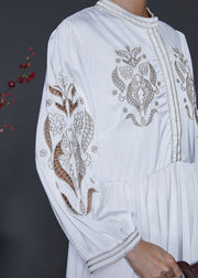 Classy White Embroidered Exra Large Hem Silk Long Dress Spring