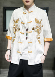 Classy White Embroideried Patchwork Ice Silk Men Shirts Summer