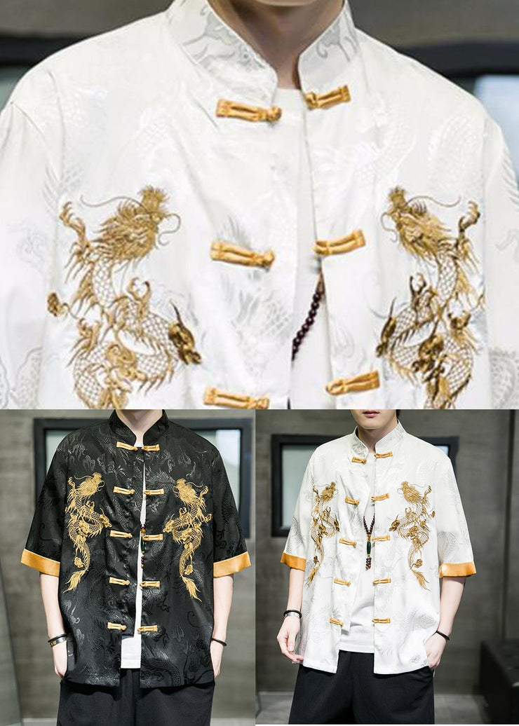 Classy White Embroideried Patchwork Ice Silk Men Shirts Summer