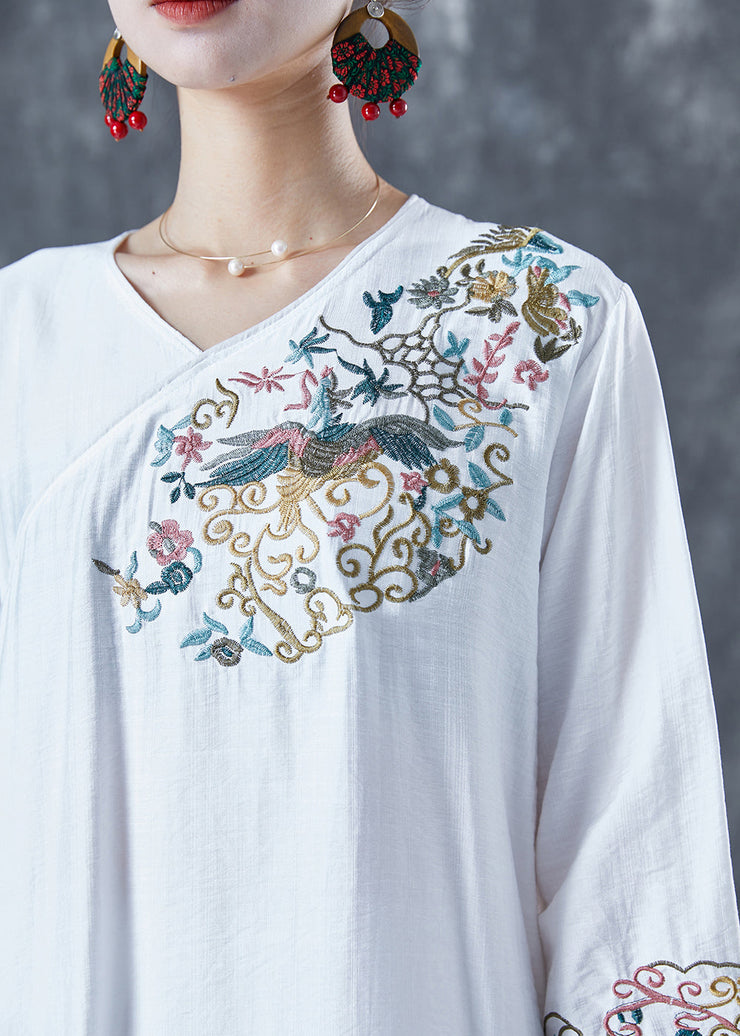 Classy White Embroideried Side Open Linen Dress Bracelet Sleeve