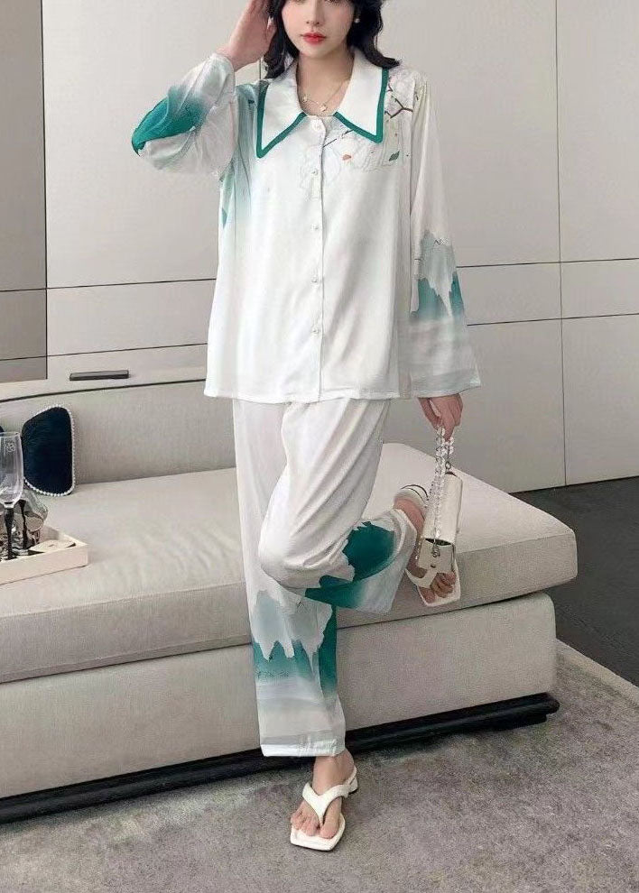 Classy White Mountains-and-waters Painting Ice Silk Pajamas Two Piece Set Women Clothing Spring