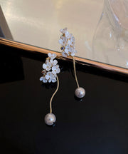 Classy White Overgild Zircon Pearl Floral Tassle Drop Earrings