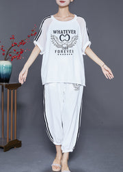 Classy White Oversized Print Linen Silk Two Pieces Set Summer