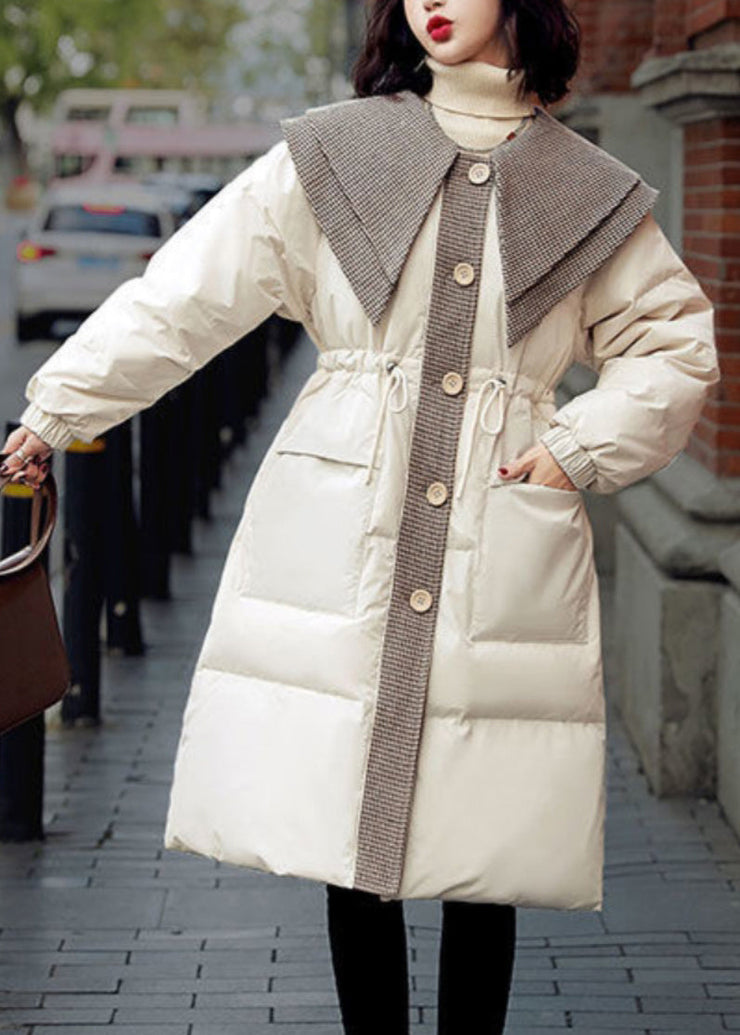 Classy White Peter Pan Collar Button Duck Down Puffer Jacket Long Sleeve