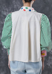 Classy White Puff Sleeve Patchwork Striped Cotton Blouses Spring