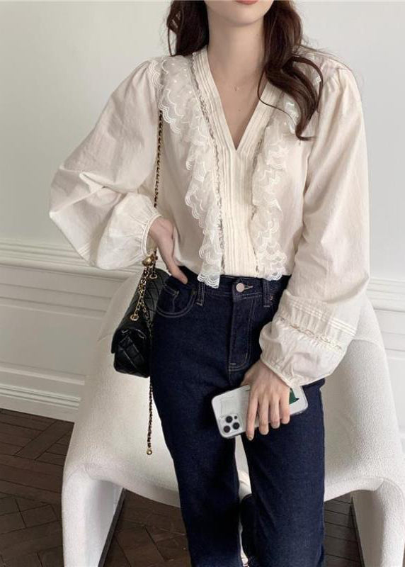 Classy White Ruffled Patchwork Lace Cotton Blouse Top Spring