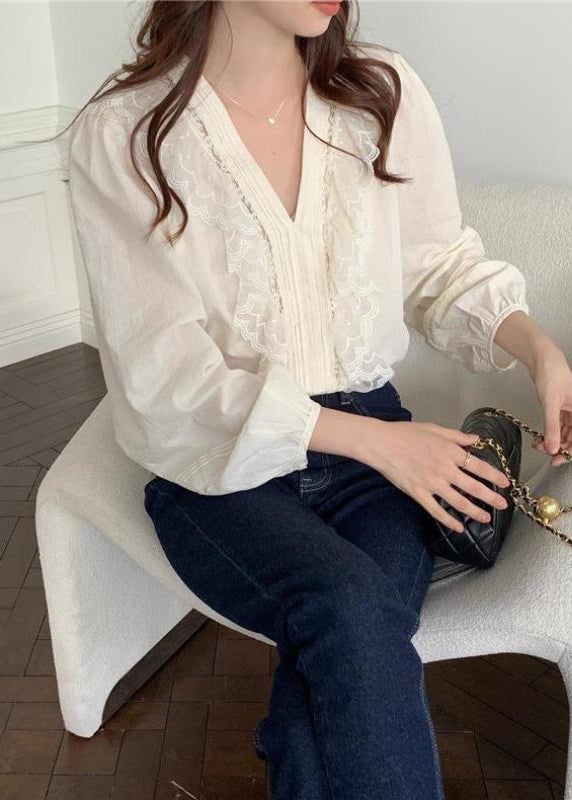 Classy White Ruffled Patchwork Lace Cotton Blouse Top Spring