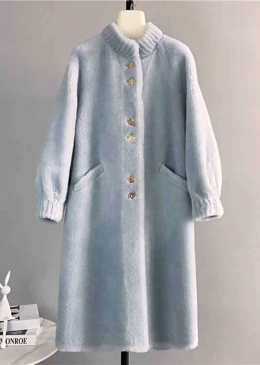 Classy White Stand Collar Pockets Button Woolen Coat Winter