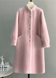 Classy White Stand Collar Pockets Button Woolen Coat Winter