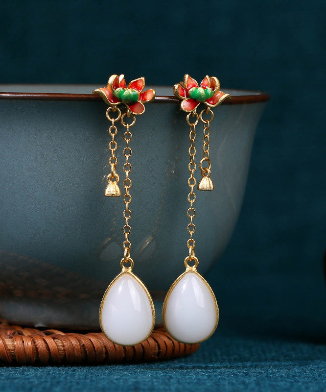 Classy White Sterlign Silver Overgild Jade Enamel Drip Glaze Lotus Tassel Drop Earrings