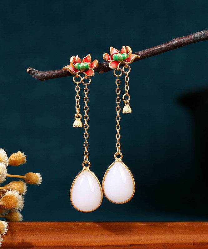 Classy White Sterlign Silver Overgild Jade Enamel Drip Glaze Lotus Tassel Drop Earrings