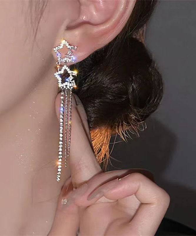 Classy White Sterling Silver Alloy Five Pointed Star Zircon Tassel Drop Earrings