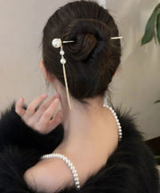 Classy White Sterling Silver Overgild Pearl Butterfly Tassel Hairpin