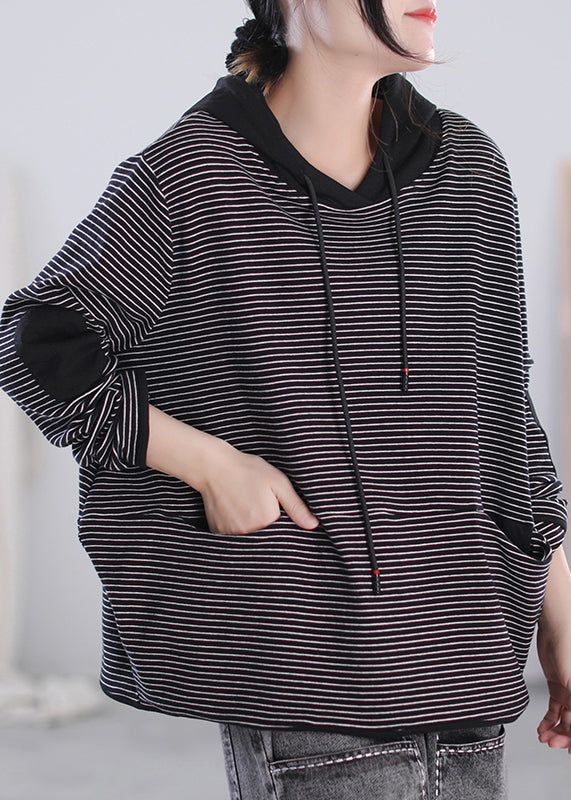 Classy White Striped Drawstring Patchwork Sweatshirts Fall