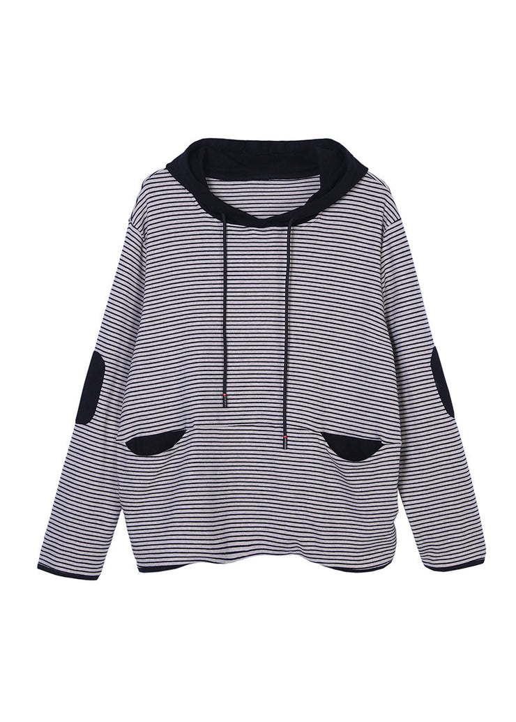 Classy White Striped Drawstring Patchwork Sweatshirts Fall