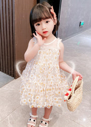 Classy White Sunflower Lace Patchwork Tulle Girls Mid Dress Summer