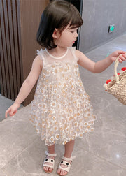 Classy White Sunflower Lace Patchwork Tulle Girls Mid Dress Summer