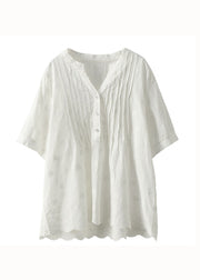 Classy White V Neck Embroideried Patchwork Cotton Shirt Top Summer