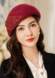 Classy Wine Red Bow Sequins Patchwork Woolen Beret Hat