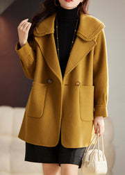 Classy Yellow Button Pockets Patchwork Wool Coat Long Sleeve