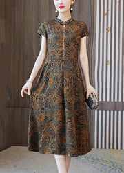 Classy Yellow Button Print Patchwork Silk Dresses Summer