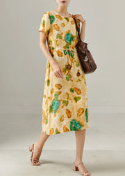 Classy Yellow Cinched Print Cotton Long Dress Summer