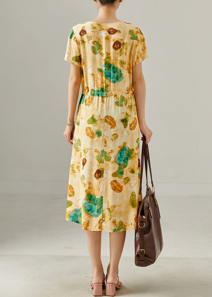 Classy Yellow Cinched Print Cotton Long Dress Summer