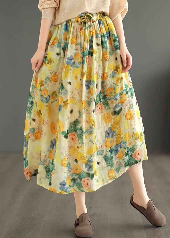 Classy Yellow Drawstring Wrinkled Print Patchwork Linen Skirts Summer