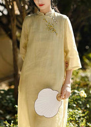 Classy Yellow Embroidered Button Linen Dresses Bracelet Sleeve