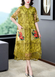 Classy Yellow O-Neck Print Tulle Long Dress Short Sleeve