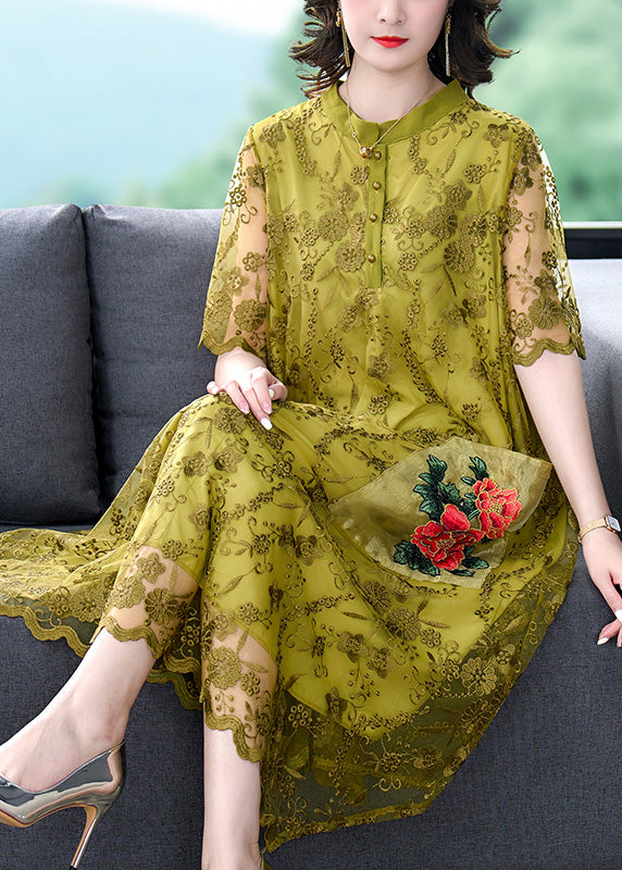 Classy Yellow O-Neck Print Tulle Long Dress Short Sleeve