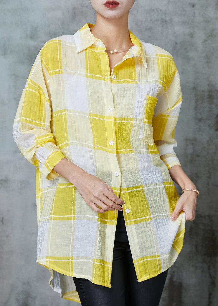 Classy Yellow Oversized Plaid Cotton UPF 50+ Tops Spring