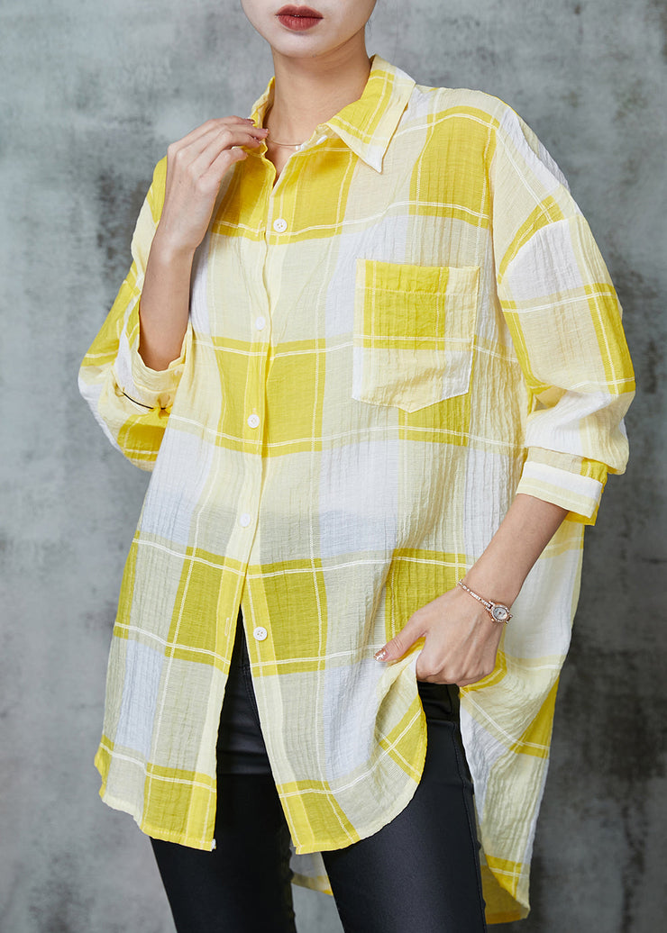 Classy Yellow Oversized Plaid Cotton UPF 50+ Tops Spring