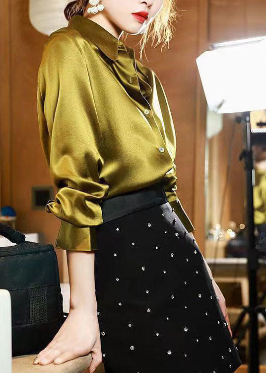 Classy Yellow Peter Pan Collar Button Patchwork Silk Shirt Spring