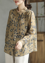 Classy Yellow Peter Pan Collar Print Linen Shirt Top Spring